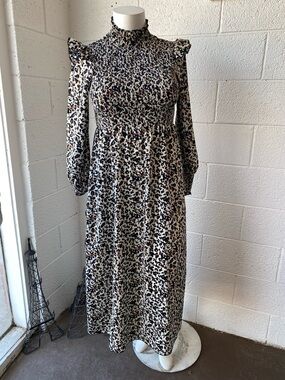 SHEIN Black, Cream & Brown Smocked High-Neck Leopard Print Maxi Dress